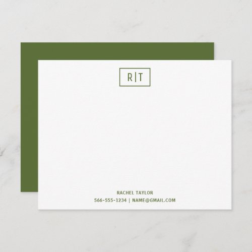 Dark Olive Green Monogram Simple Modern Flat Note Card
