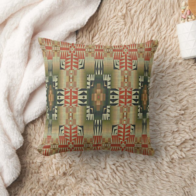 Dark Olive Green Rust Red Taupe Beige Tribal Art Throw Pillow (Blanket)
