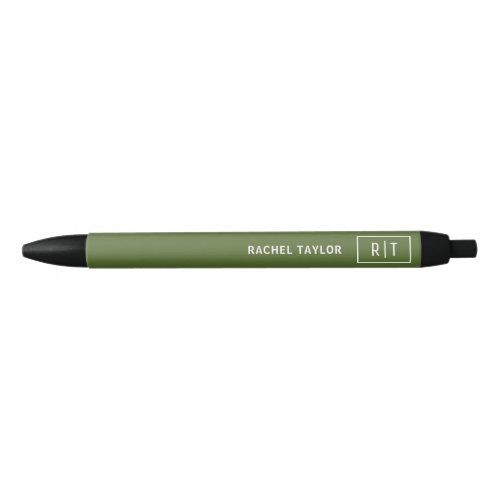 Dark Olive Green Simple Modern Monogram Black Ink Pen