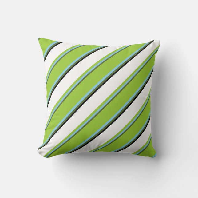 Dark Olive Green, Sky Blue, Green, White & Black Throw Pillow (Front)