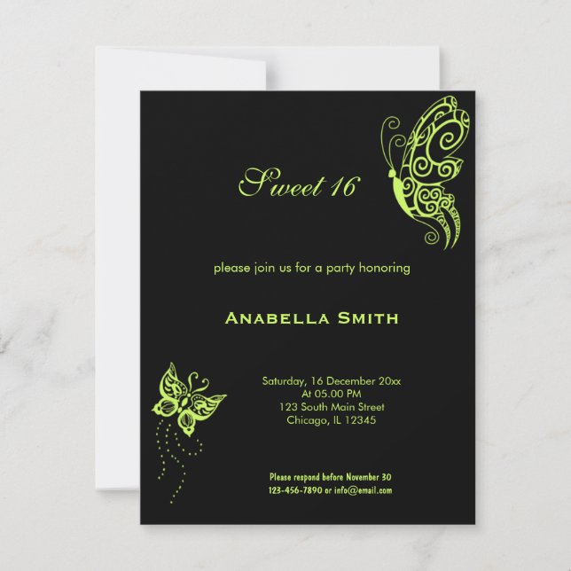 Dark Olive Green Sweet 16 Butterflies Invitation (Front)