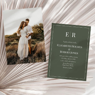 Dark Olive Minimalist Monogram & Photo Wedding Invitation
