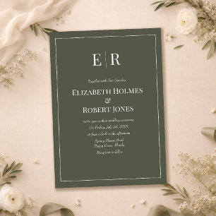 Dark Olive Minimalist Monogram Wedding Invitation