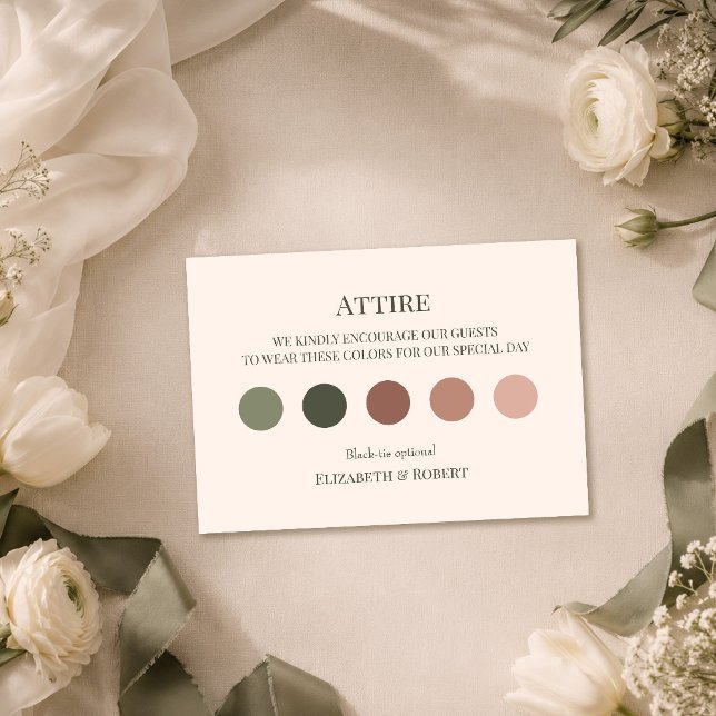 Dark Olive Wedding Attire Guest Dress Code Card (Dark Olive Wedding Attire Guest Dress Code Card on a wedding table with white flowers)