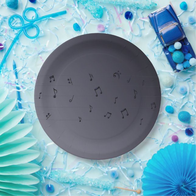 Dark Ombre Musical Notes Gray Paper Plates (Party)