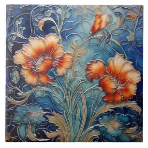 Dark Orange and Blue Art Nouveau Floral Motif Ceramic Tile