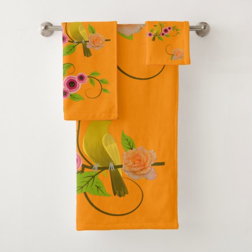 DarK Orange _  Bird  Yellow Rose Bath Towel Set