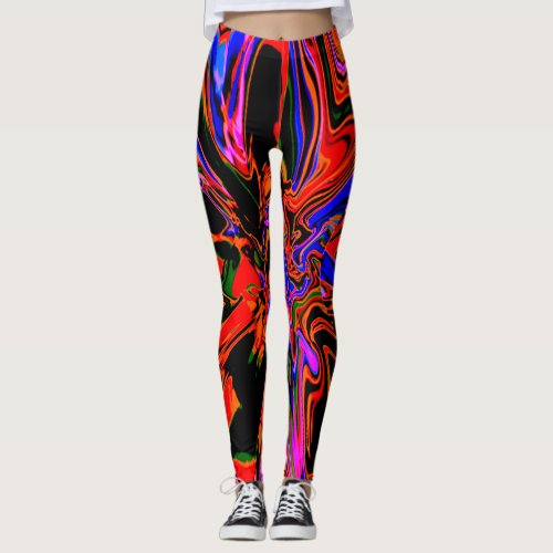 Dark Orange Blue Black Psychedelic Flower Design Leggings