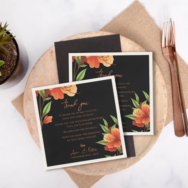 Dark Orange Floral Wedding Thank you Message Napkins (Dark Orange Floral Wedding Thank you Message Napkins)