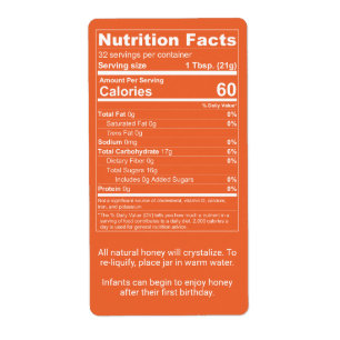 Dark Orange Honey Nutrition Facts Product Label