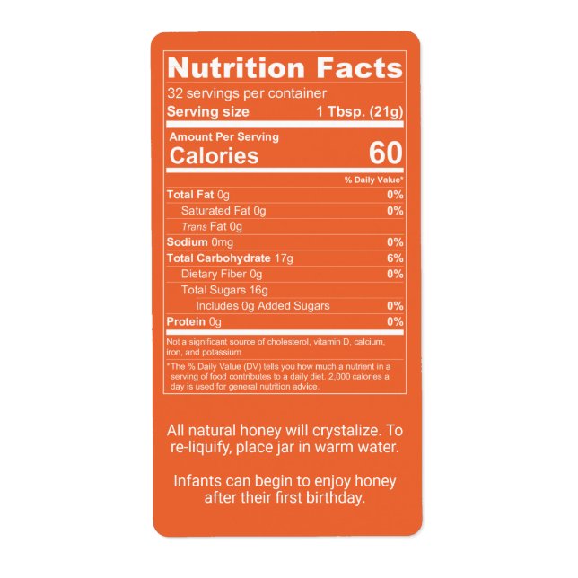 Dark Orange Honey Nutrition Facts Product Label (Front)