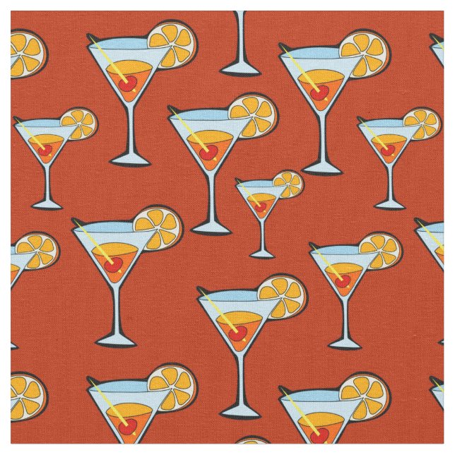Dark Orange Martini Cocktail Pattern Fabric (Close Up)
