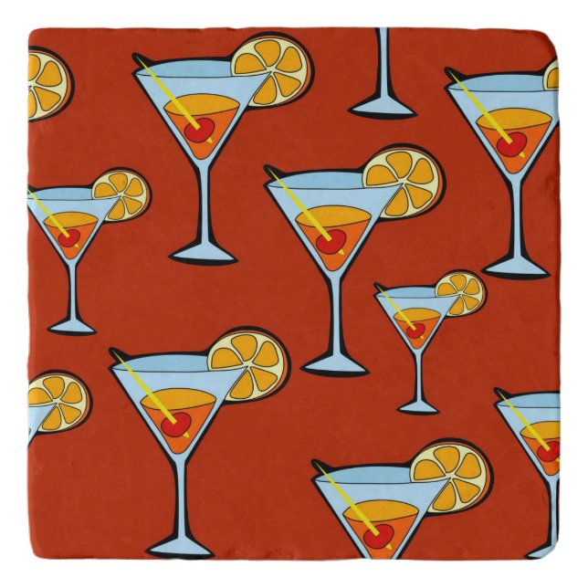 Dark Orange Martini Cocktail Pattern Trivet (Front)
