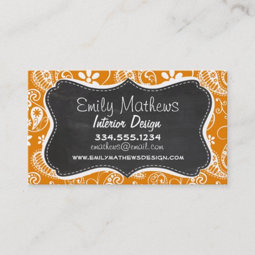 Customizable Dark Orange Paisley; Vintage Chalkboard look Business Card Template