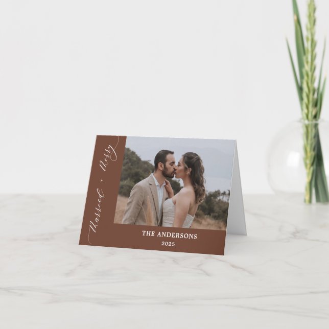 Dark Orange Photo Merry Married Wedding Christmas Thank You Card (Front)
