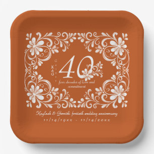 Dark Orange Shabby Chic 40 Anniversary Plate
