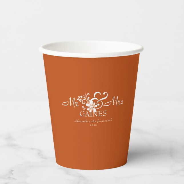 Dark Orange Shabby Chic Mr & Mr Wedding Paper cup (Front)