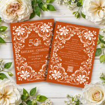 Dark Orange Shabby Chic QR Anniversary Invitation