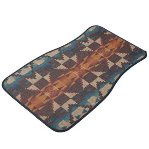 Dark Orange Teal Blue Red Brown Tribal Art Car Floor Mat