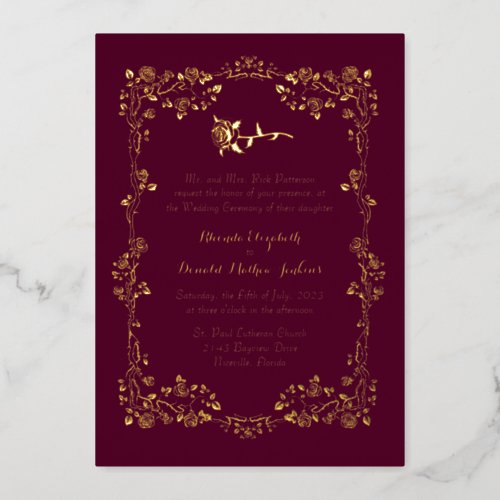 Dark Orchid Pink Ornate Rose Border  Foil Invitation