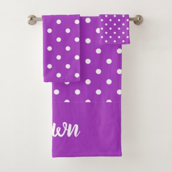 Dark Orchid Polka Dots Personalized Bath Towel Set by LokisColors at Zazzle