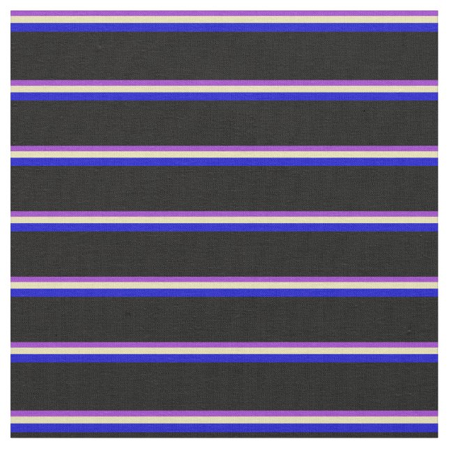Dark Orchid, Tan, Blue & Black Lines Fabric (Close Up)
