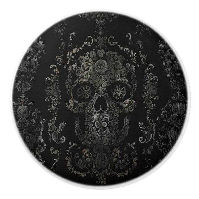 Dark Ornate Skull Design Ceramic Knob (Front)