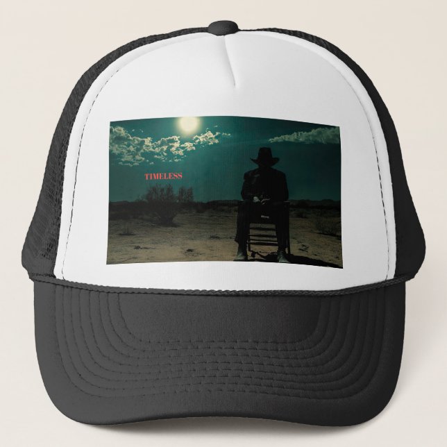 Dark Outlaw Sitting in the Desert Trucker Hat (Front)
