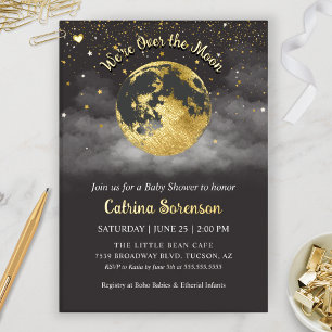 Dark Over the Moon Gold Gender Neutral Baby Shower Foil Invitation