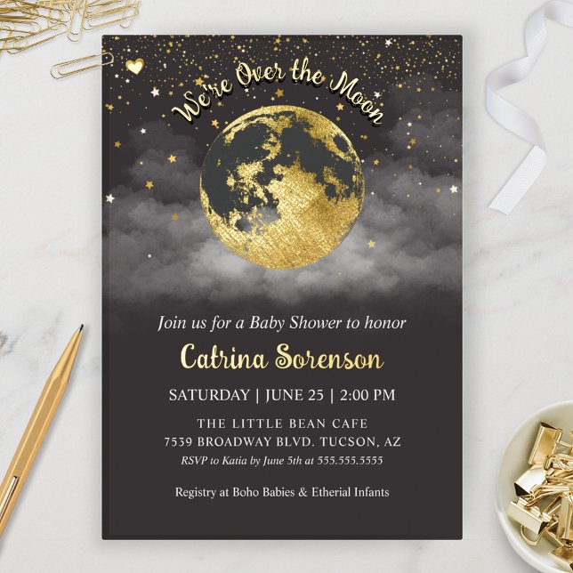 Dark Over the Moon Gold Gender Neutral Baby Shower Foil Invitation (Elegant Black and Gold Over the Moon and Stars Celestial Baby Shower Invitation)
