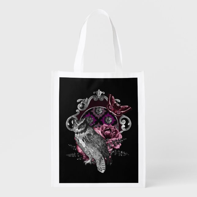 Dark Owl Butterfly And Flowers - Gothic  Grocery Bag (Front)
