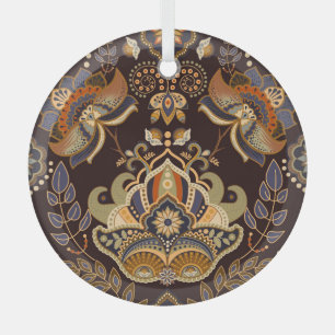 Dark Paisley: Floral Indian Seamless. Glass Ornament