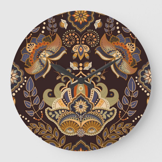 Dark Paisley: Floral Indian Seamless. Large Clock (Front)