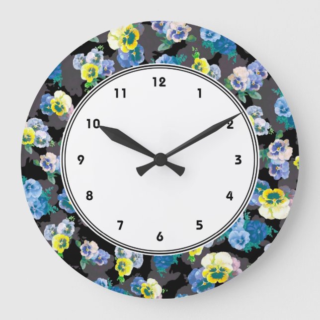 Dark pansies elegant flower print large clock (Front)