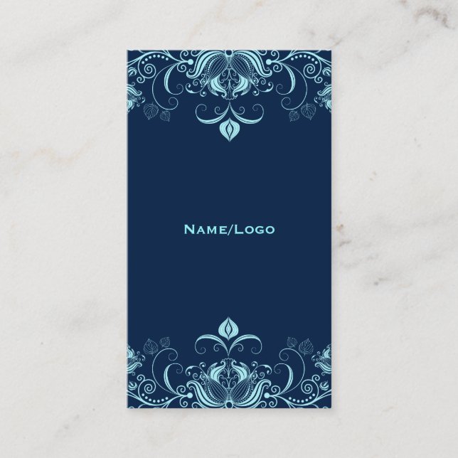 Dark & Pastel Blue Floral Swirls Business Card (Front)