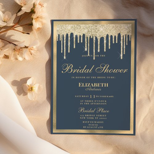 Dark pastel blue gold glitter drips Bridal Shower Invitation