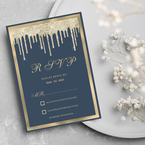 Dark pastel blue gold glitter drips RSVP  Invitation