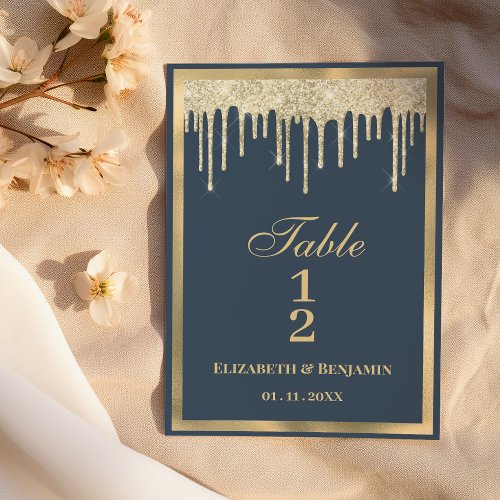 Dark pastel blue gold glitter drips Table Numbers