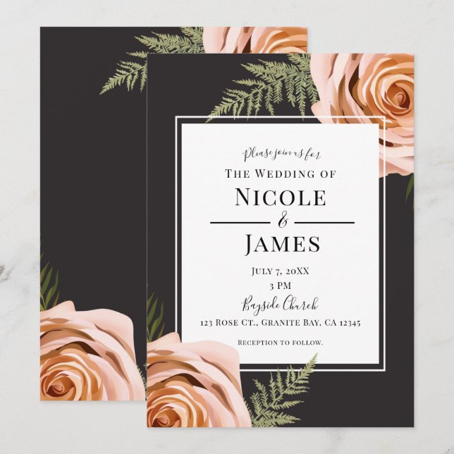 Dark Peach Floral Roses Rustic Shabby Chic Wedding Invitation (Front/Back)