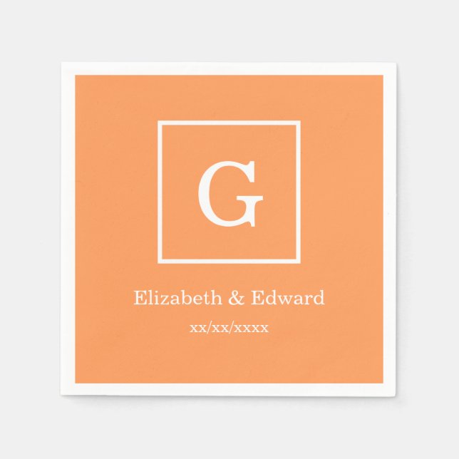 Dark Peach White Framed Initial Monogram Paper Napkins (Front)