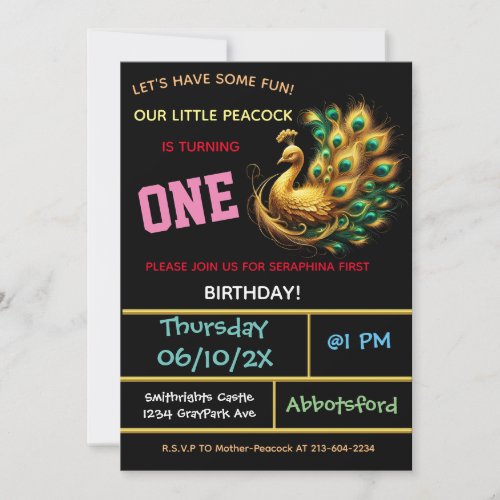 Dark Peacock Birthday Celebration _ 1 Year Invitation