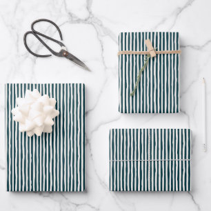 Dark Peacock Blue & Ivory Wonky Stripes Wrapping Paper Sheets