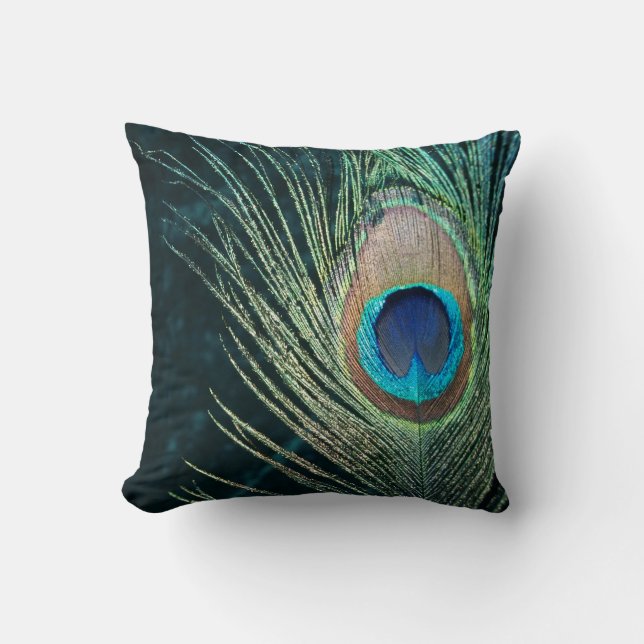 Dark Peacock Feather Throw Pillow (Front)