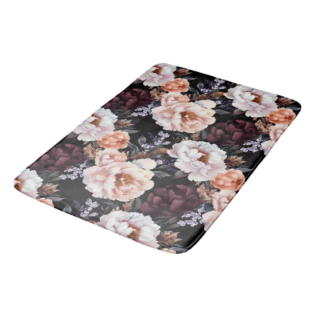 Dark Peonies Floral Pattern Bath Mat (Angled)
