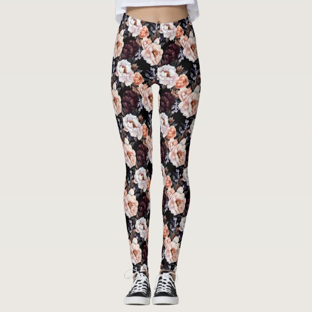 Dark Peonies Floral Pattern Leggings (Front)