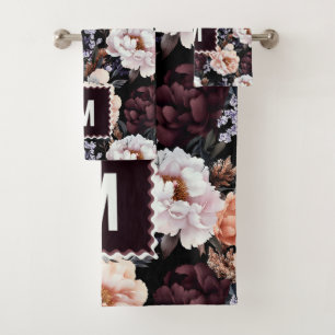 Dark Peonies Floral Pattern Monogram Bath Towel Set