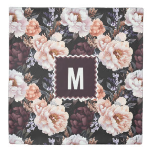 Dark Peonies Floral Pattern Monogram Duvet Cover