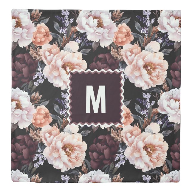 Dark Peonies Floral Pattern | Monogram Duvet Cover (Front)
