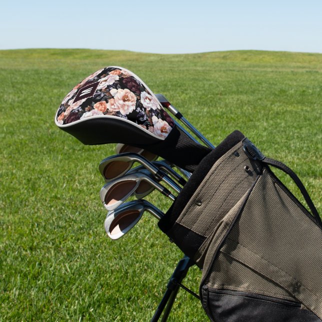 Dark Peonies Floral Pattern | Monogram Golf Head Cover (In Situ)