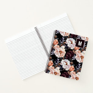 Dark Peonies Floral Pattern Monogram Notebook